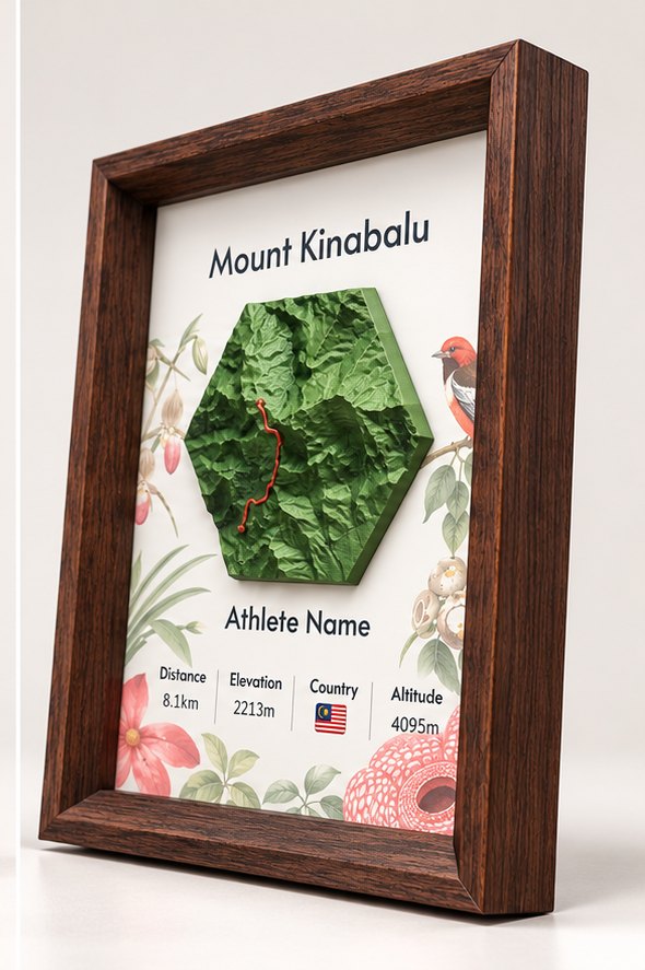Summit Keepsake frame seen from the right, with orchid, bird and rafflesia illustrations around the tile