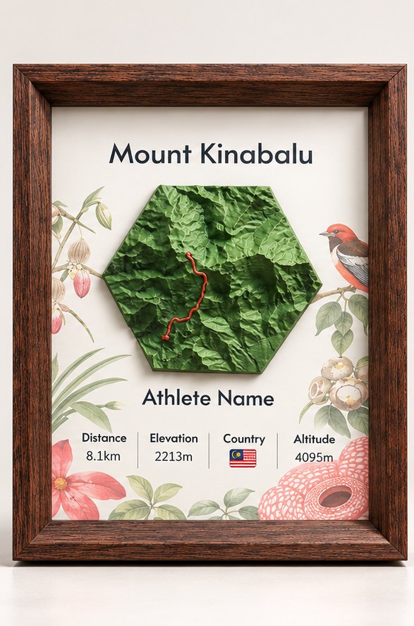 Summit Keepsake seen straight on: a green hex relief of Mount Kinabalu with the trail in red, framed in dark wood above the name and climb stats